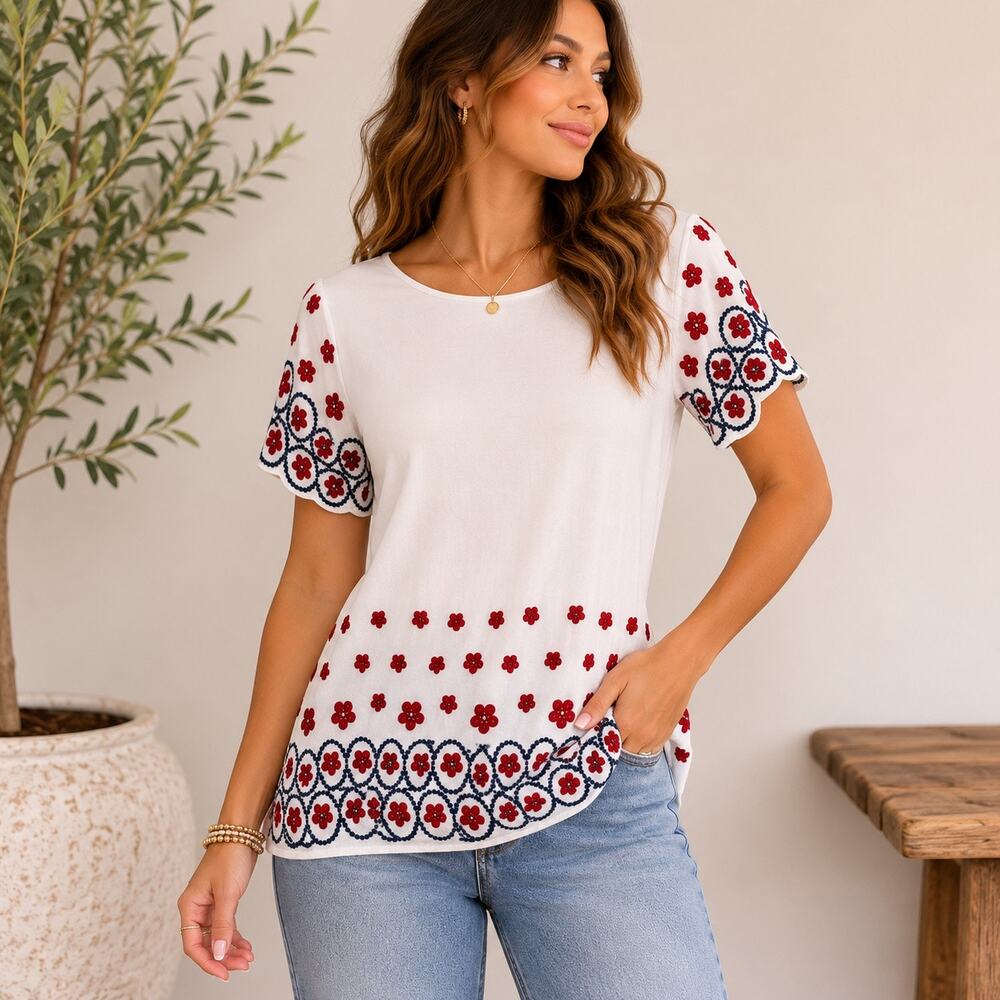 Saks Fifth Avenue White Floral Embroidered Boho Blouse Top Sz L